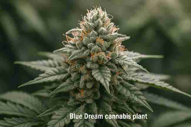 Blue Dream Cannabis Strain Overview – Frosty trichomes on Blue Dream bud close-up