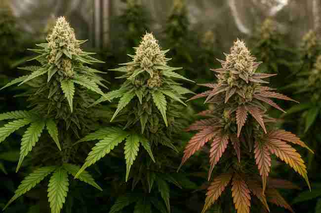 Cannabis Yield Factors – Indoor grow with trichome-rich plants under warm lighting