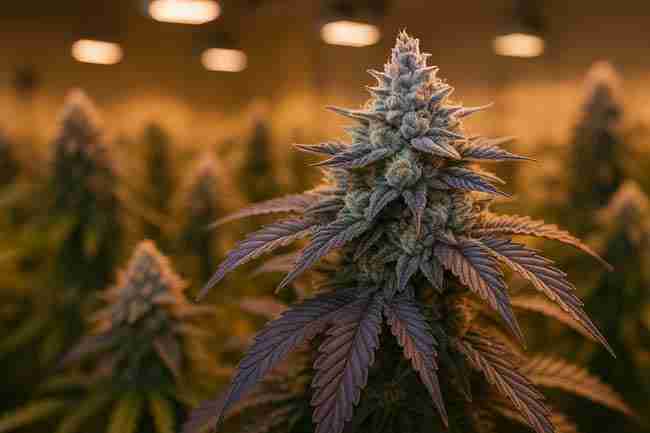 Choosing the Best Cannabis Strain – Resinous buds under warm light in mixed cultivar grow