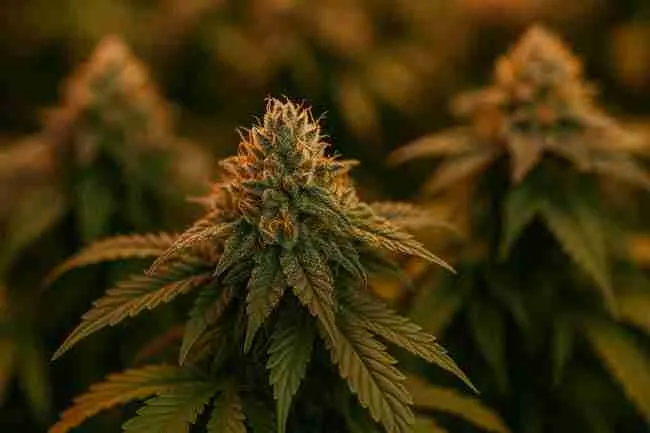 Cannabis Strain Selection – Close-up of balanced frosty cannabis cola in bloom