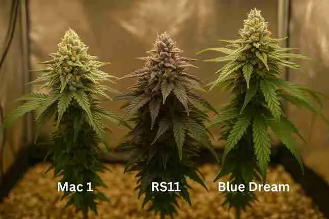 Cannabis Strain Yield Comparison – Mac 1, RS11, and Blue Dream side by side under LED grow lights