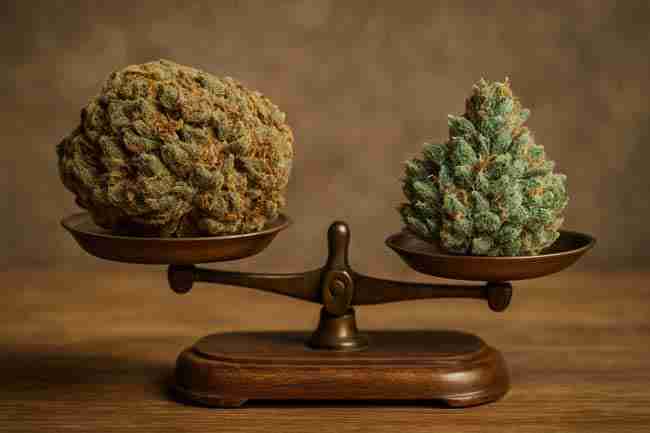 pair of same-strain buds on antique balance scale

