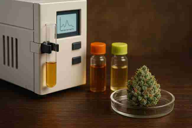  HPLC machine with vials and bud in Petri dish