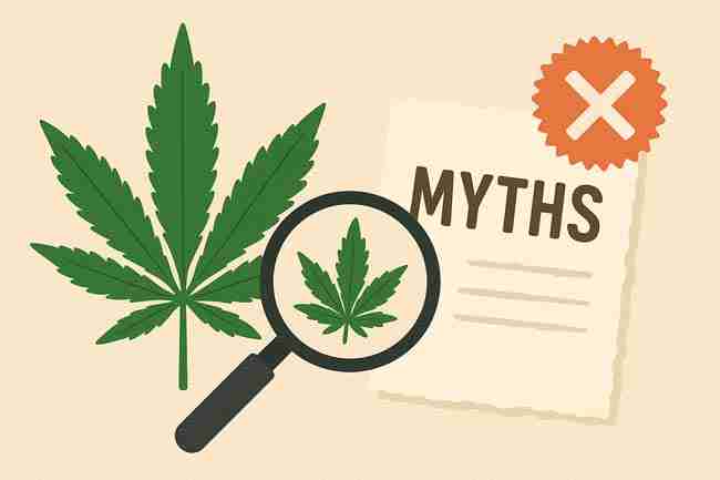 magnifying glass exposing a cannabis leaf on a torn “MYTHS” sheet