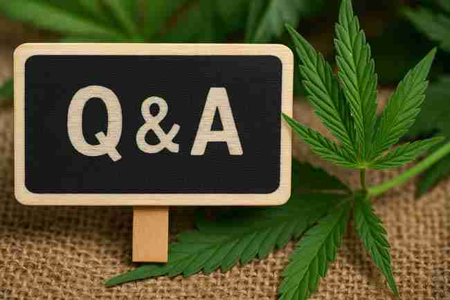 chalkboard “Q&A” sign nestled among fresh cannabis leaves