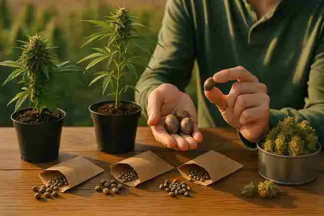 Person’s hands holding large speckled cannabis seeds next to scattered seed packets and young cannabis plants in pots under golden sunlight.