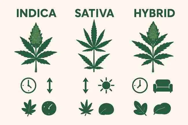 Infographic showing three stylized cannabis plants labeled Indica, Sativa, and Hybrid with icons for flowering time, plant height, and effects.