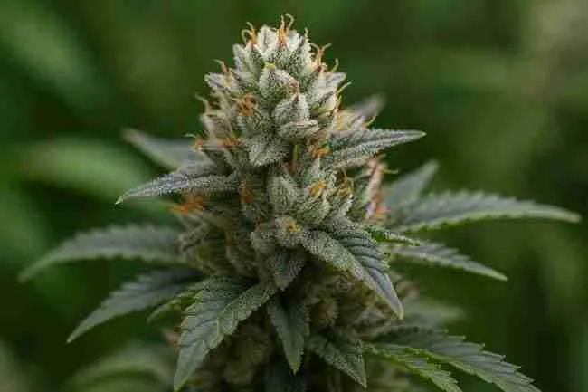 Close-up of dense, frosty indica-dominant cannabis buds with deep green and purple hues and orange pistils against a blurred background.