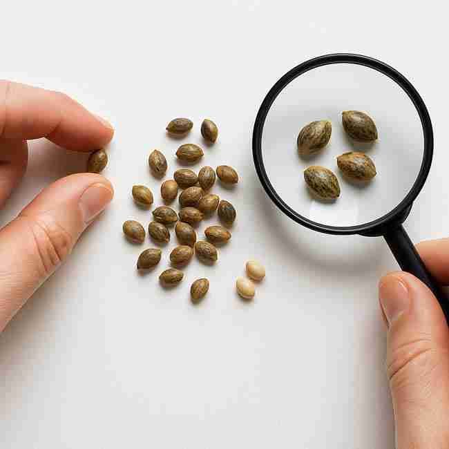 Two hands examining cannabis seeds on a white surface with a magnifying glass highlighting seed texture and patterns.