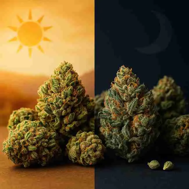 Split-scene image of cannabis buds: left side in warm sunlight representing energy, right side in cool moonlight representing relaxation.