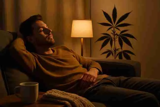 Young man reclining on a sofa in soft, warm light with a cannabis plant silhouette and a mug on a side table, conveying relaxation.