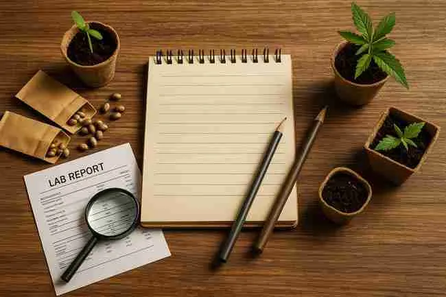 Checklist-style layout showing cannabis seed packets, lab reports, and grow journals next to a notepad titled ‘Tips for Choosing Seeds Like a Pro’.