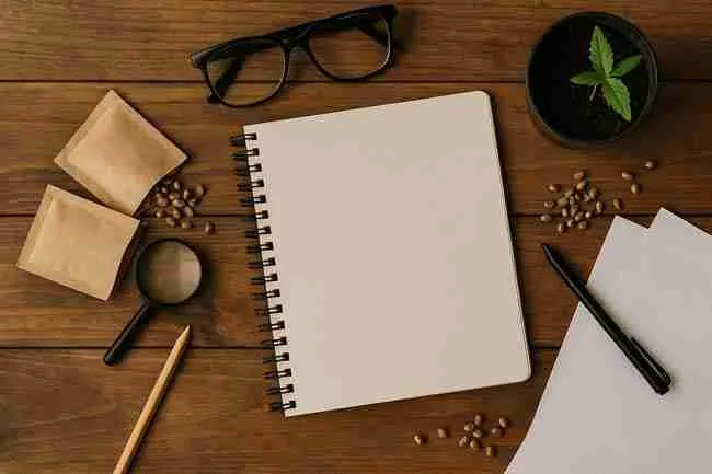 booklet with questions and answers on cannabis growing including indica vs sativa, hybrids, and seed counts, alongside a pen on a wooden table
