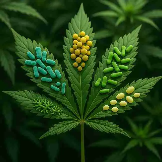 Artistic rendering of a cannabis leaf peppered with clusters of distinct probiotic shapes—turquoise rods, golden spheres, green filaments, and pale ovals
