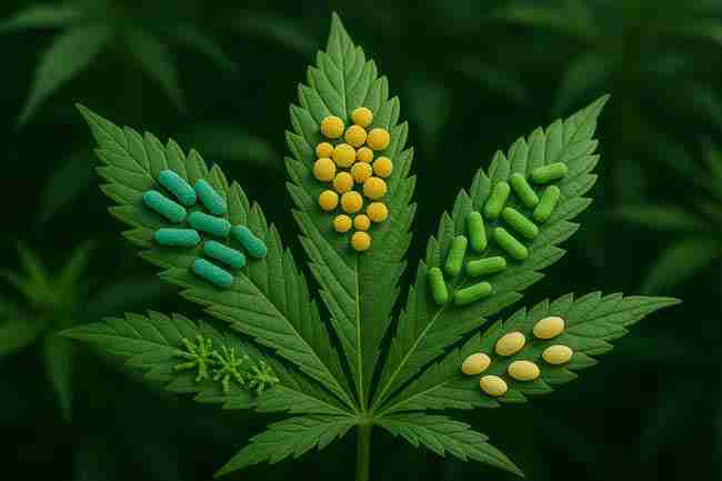 Macro photograph showing a cannabis leaf partitioned into zones, each covered by a different probiotic microorganism type in contrasting colors.
