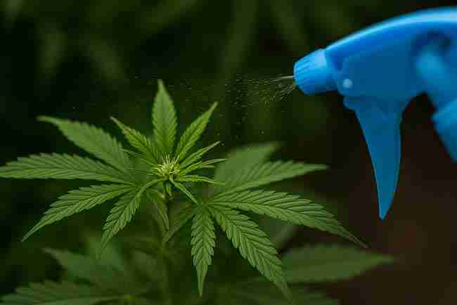 Close-up of a blue spray-bottle nozzle misting a developing cannabis bud and surrounding leaves with probiotic solution.