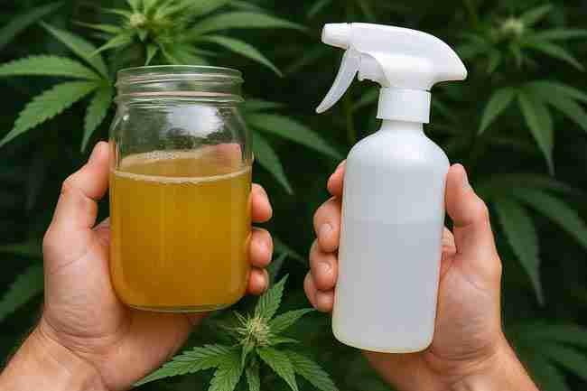 Caucasian hand holding a mason jar of translucent golden lacto serum beside a white spray bottle against lush cannabis foliage.