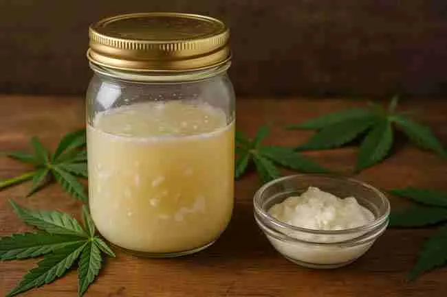 Glass jar of homemade lactobacillus serum and a small bowl of curds set atop a wooden surface with cannabis leaves around.