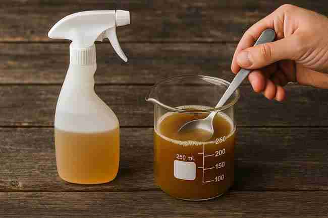 Light-skinned hand stirring golden probiotic brew in a lab beaker with a spoon, spray bottle nearby, on a rustic wooden table.
