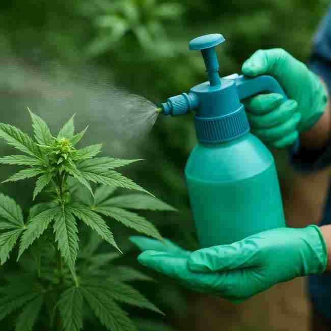 Gardener in green gloves pumping a hand-held sprayer as fine probiotic mist settles on bright green cannabis leaves.