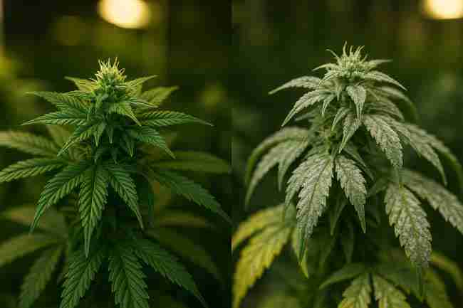 Side-by-side shot of two cannabis plants: one lush and green, the other wilted with white powdery mildew on its leaves.