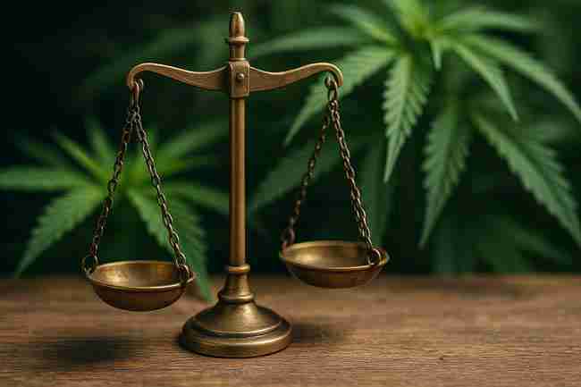 Brass balance scales on a wooden surface with blurred cannabis leaves in the background, symbolizing weighing benefits and drawbacks.