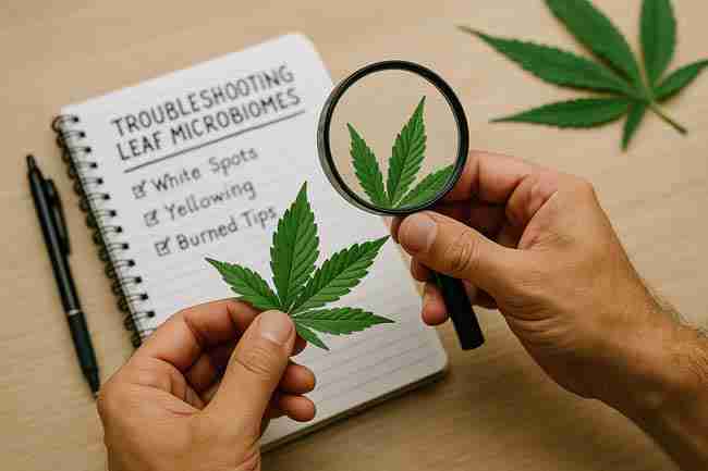 Close-up of hands holding a cannabis leaf under a magnifying glass, with a notebook titled “Troubleshooting Leaf Microbiomes” behind.