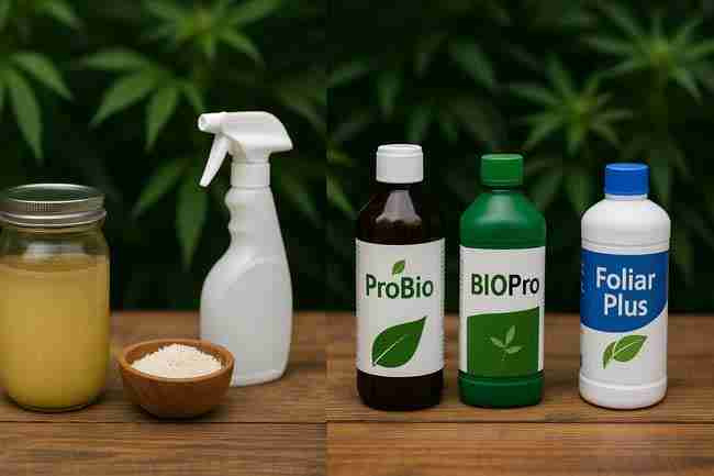 Side-by-side of a mason jar with golden homemade probiotic brew next to three commercial probiotic bottles against a backdrop of lush cannabis leaves.