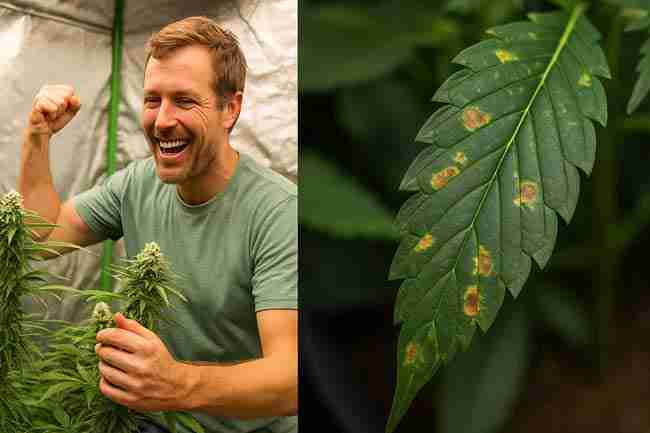 Split-screen showing a smiling grower celebrating healthy buds on the left and a close-up of a sunburned cannabis leaf with brown spots on the right.