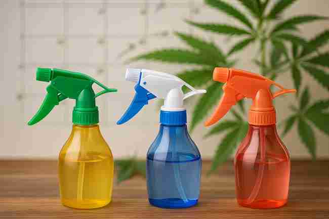 Three colorful spray bottles lined up on a wooden surface with a faint calendar grid and cannabis leaves in the blurred background.
