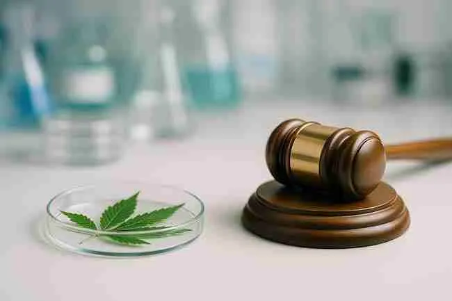 Lab countertop with a clear Petri dish holding a cannabis leaf sample next to a brass gavel, with blurred lab equipment behind.