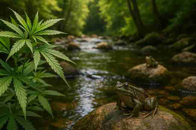 A clear forest stream flowing past cannabis plants on the bank, with a frog perched on a mossy rock in the foreground under dappled sunlight.