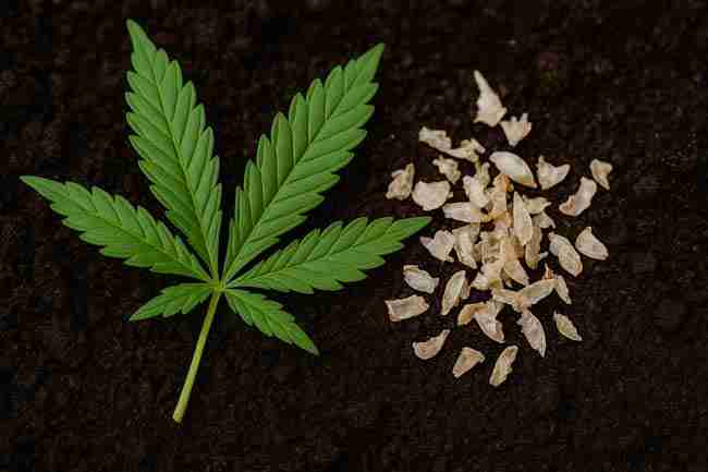 Cannabis leaf next to raw chitin fragments on soil – illustrating the trigger mechanism for plant immune responses.
