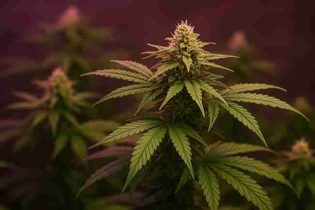 Cannabis plant thriving under grow lights – representing successful chitinase pairing with nutrient systems.