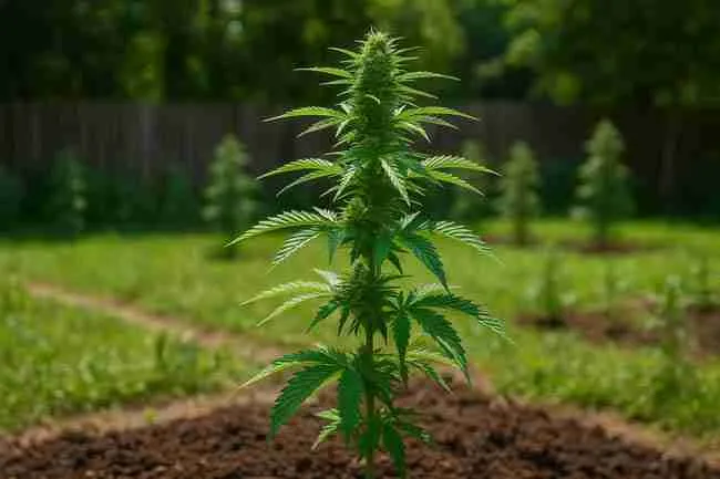 Healthy, vigorous cannabis plant standing tall in sun-lit soil after compost use – Why use cannabis compost?