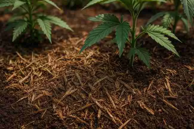 Close-up of finely shredded cannabis debris layered as living mulch – Best mulch for cannabis