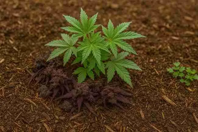 Young cannabis with decomposed purple buds and small companion weed in soil – Using weeds as compost