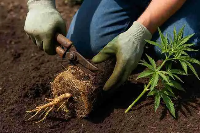 Gardener trimming thick cannabis root ball over rich soil – Using cannabis roots as mulch