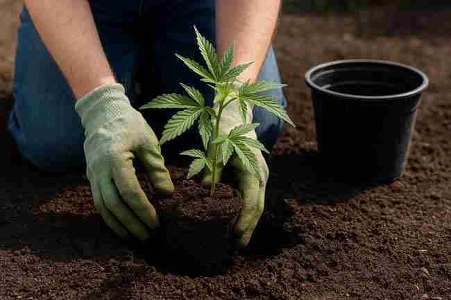 Gloved hands planting vigorous cannabis seedling into dark, microbe-rich living soil – Living soil benefits