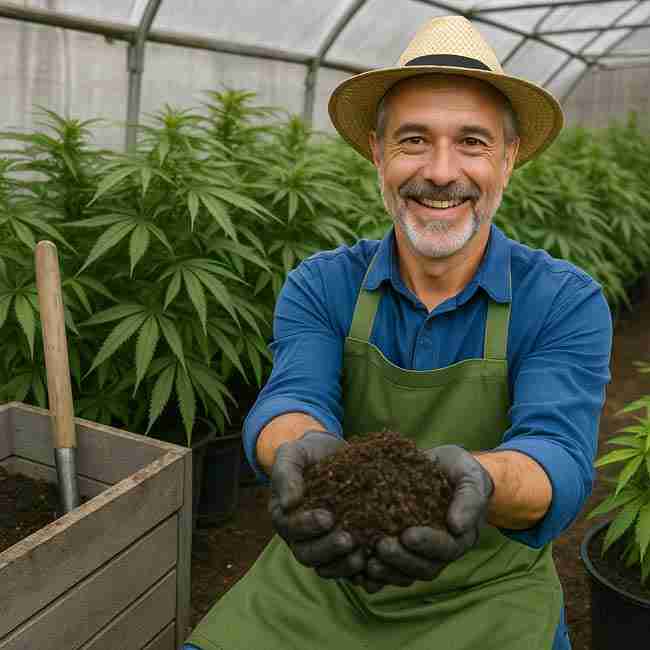 Smiling greenhouse grower holding handful of premium dark compost among thriving cannabis rows – Professional cannabis compost choices