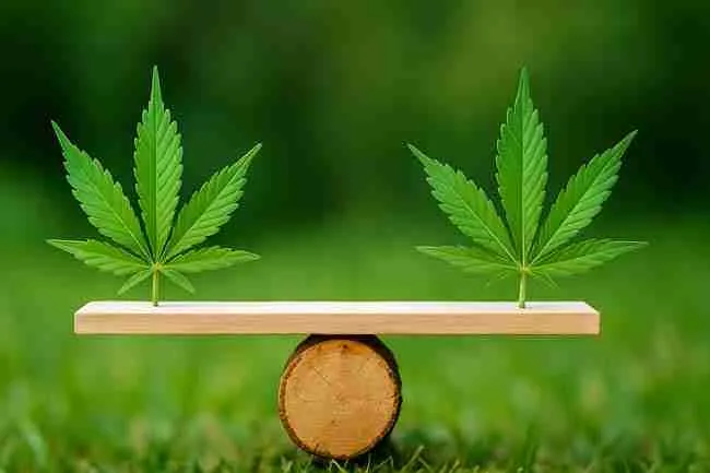 Balanced Cannabinoid Seeds equilibrium—two cannabis leaves poised on a wooden seesaw to show equal THC : CBD ratios