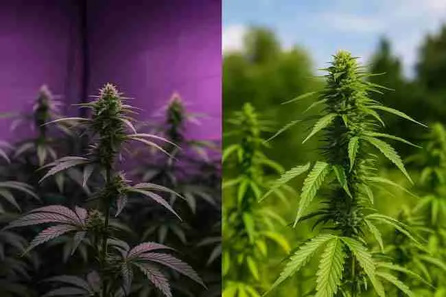 Side-by-side view of cannabis plants grown indoors under purple LED lighting and outdoors under natural sunlight in Canada