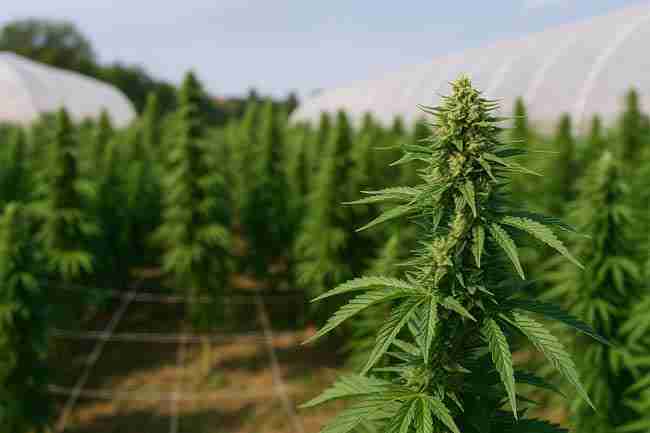 Outdoor cannabis farm in Canada with tall, healthy plants and greenhouses in the background