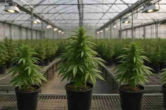 Indoor cannabis cultivation facility in Canada with rows of healthy plants in pots under grow lights inside a large greenhouse