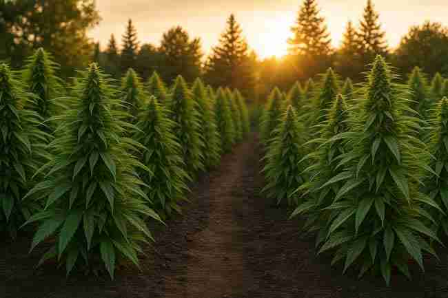 Rows of tall outdoor cannabis plants in Canada illuminated by a golden sunset with a dirt path running between them
