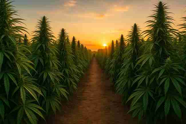 Outdoor cannabis plants in Canada lined along a dirt path at sunset with warm golden light