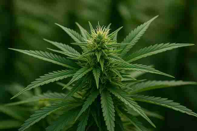 Close-up of a healthy cannabis bud with green leaves and white pistils under natural light in Canada