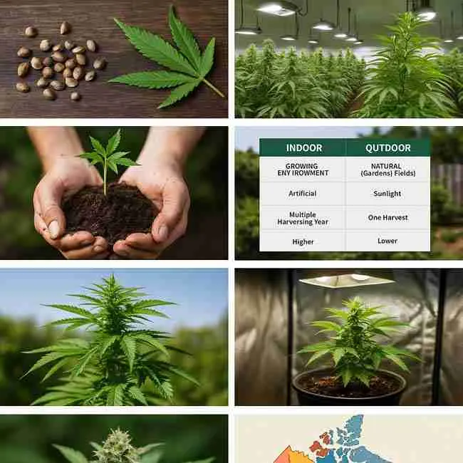 Collage of cannabis seeds, indoor and outdoor plants, grow tips, and a Canada map showing cultivation regions