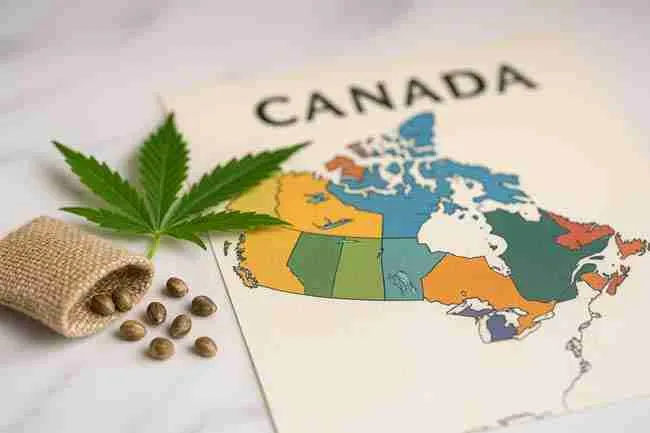 Cannabis seeds and leaf beside a colorful map of Canada showing provinces and territories