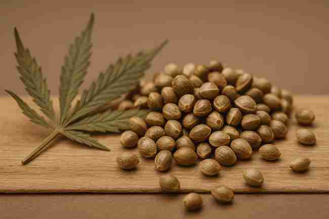 Pile of cannabis seeds with a dried leaf on a wooden surface in Canada